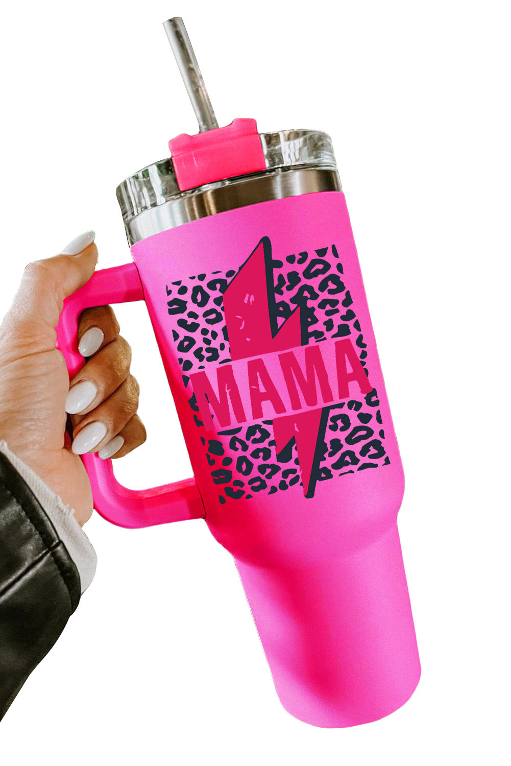 Rose Mama Lightning Leopard Print Straw Stainless Steel Insulated Cup 40oz