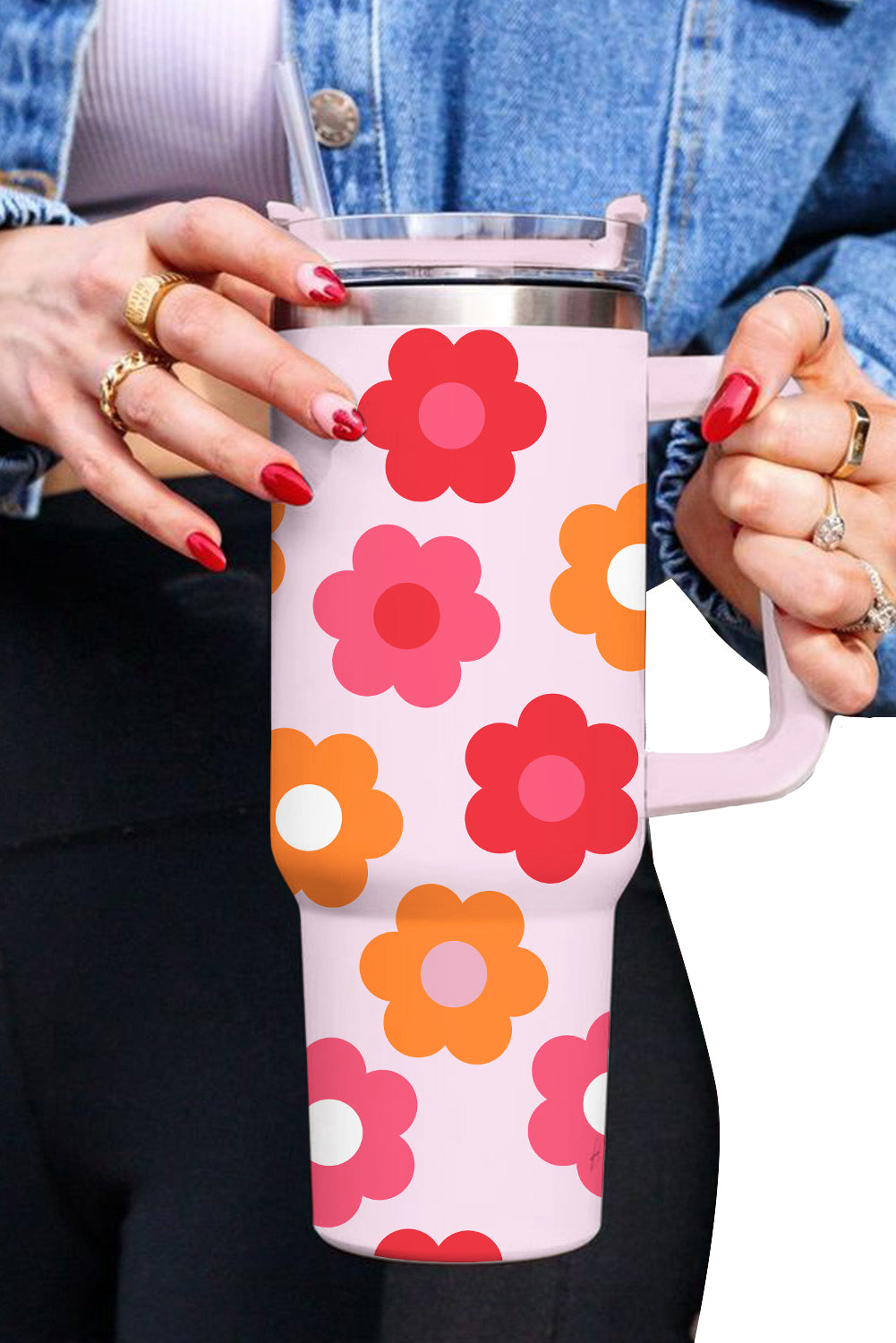 Multicolor Flower Print Handled Stainless Steel Vacuum Cup