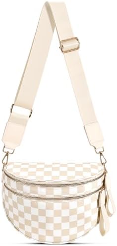Checkered Nylon Crossbody Bag Bum Bag for Women Mom Large Checkered Fanny Packs with Adjustable Strap|B0FQ9QP3K3