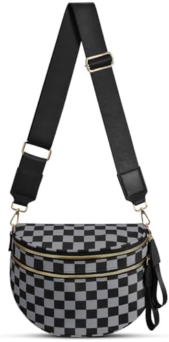 Checkered Nylon Crossbody Bag Bum Bag for Women Mom Large Checkered Fanny Packs with Adjustable Strap|B0FQ9QP3K3