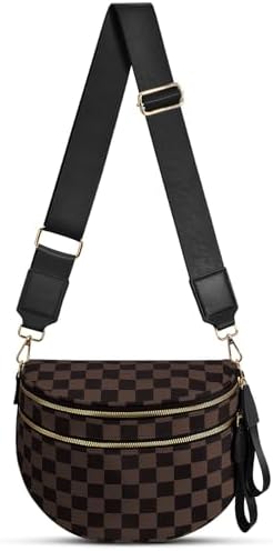 Checkered Nylon Crossbody Bag Bum Bag for Women Mom Large Checkered Fanny Packs with Adjustable Strap|B0FQ9QP3K3