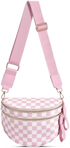 Checkered Nylon Crossbody Bag Bum Bag for Women Mom Large Checkered Fanny Packs with Adjustable Strap|B0FQ9QP3K3