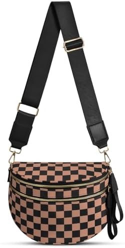 Checkered Nylon Crossbody Bag Bum Bag for Women Mom Large Checkered Fanny Packs with Adjustable Strap|B0FQ9QP3K3