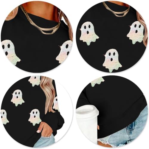 VVNTY Halloween Sweatshirts for Women Sequin Ghost Long Sleeve Shirts|B0HC1XPQ8S