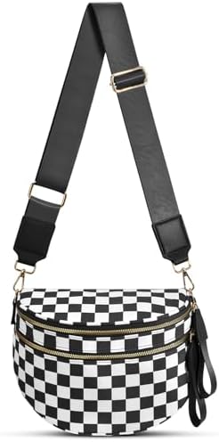 Checkered Nylon Crossbody Bag Bum Bag for Women Mom Large Checkered Fanny Packs with Adjustable Strap|B0FQ9QP3K3