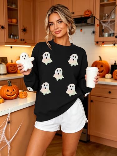 VVNTY Halloween Sweatshirts for Women Sequin Ghost Long Sleeve Shirts|B0HC1XPQ8S