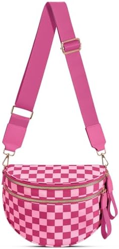 Checkered Nylon Crossbody Bag Bum Bag for Women Mom Large Checkered Fanny Packs with Adjustable Strap|B0FQ9QP3K3