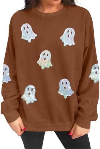 VVNTY Halloween Sweatshirts for Women Sequin Ghost Long Sleeve Shirts|B0HC1XPQ8S