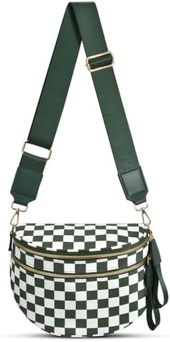 Checkered Nylon Crossbody Bag Bum Bag for Women Mom Large Checkered Fanny Packs with Adjustable Strap|B0FQ9QP3K3