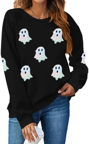 VVNTY Halloween Sweatshirts for Women Sequin Ghost Long Sleeve Shirts|B0HC1XPQ8S