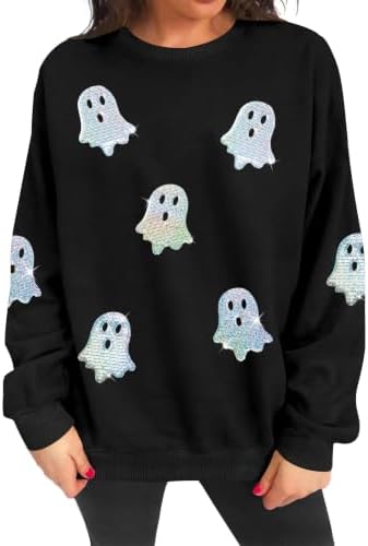 VVNTY Halloween Sweatshirts for Women Sequin Ghost Long Sleeve Shirts|B0HC1XPQ8S