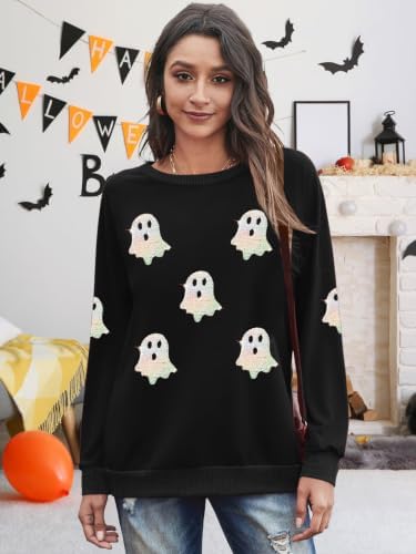VVNTY Halloween Sweatshirts for Women Sequin Ghost Long Sleeve Shirts|B0HC1XPQ8S