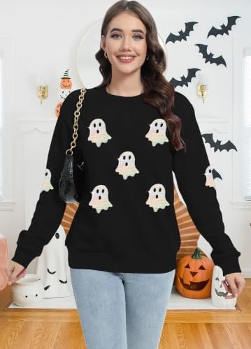 VVNTY Halloween Sweatshirts for Women Sequin Ghost Long Sleeve Shirts|B0HC1XPQ8S
