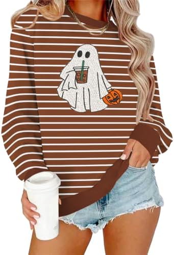 VVNTY Halloween Sweatshirts for Women Sequin Ghost Long Sleeve Shirts|B0HC1XPQ8S