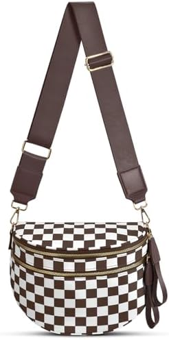 Checkered Nylon Crossbody Bag Bum Bag for Women Mom Large Checkered Fanny Packs with Adjustable Strap|B0FQ9QP3K3
