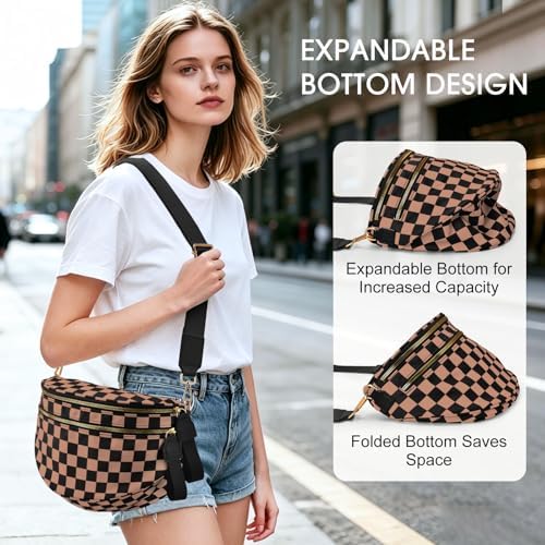 Checkered Nylon Crossbody Bag Bum Bag for Women Mom Large Checkered Fanny Packs with Adjustable Strap|B0FQ9QP3K3