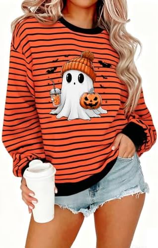 VVNTY Halloween Sweatshirts for Women Sequin Ghost Long Sleeve Shirts|B0HC1XPQ8S