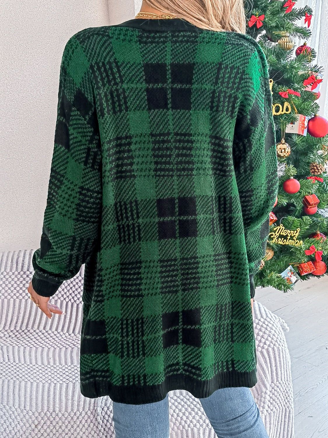 Plaid Open Front Long Sleeve Cardigan