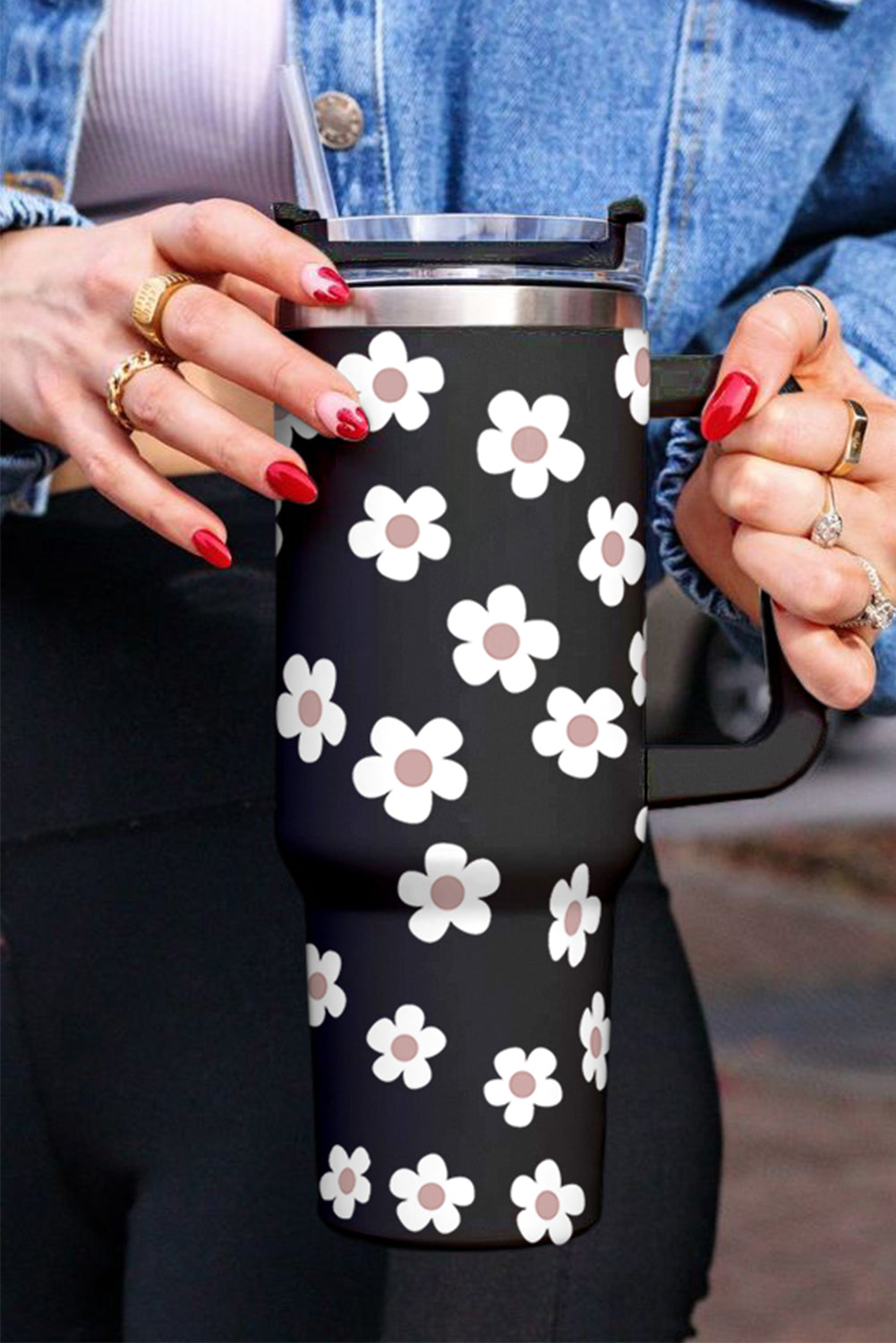 Black Floret Print Stainless Tumbler With Lid And Straw