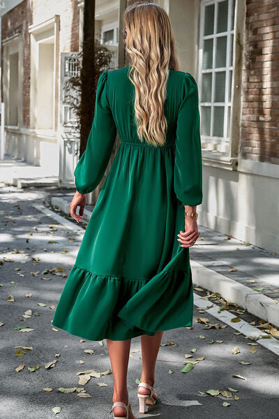 Smocked Surplice Long Sleeve Midi Dress