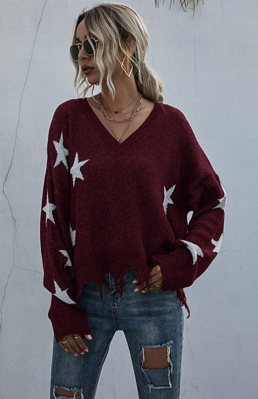 Women's Star Pattern V-Neck Fringe Women's Knit Sweater